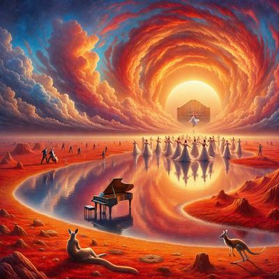 Primary subject: A painting of a sunset with a piano in the foreground.

Setting/background: The background features a sunset, and there is a body of water nearby.

Visual style: The image is a painting, showcasing a vibrant and artistic scene.

Colors and mood: The painting is predominantly red, with warm and vivid colors that evoke a sense of tranquility and beauty.